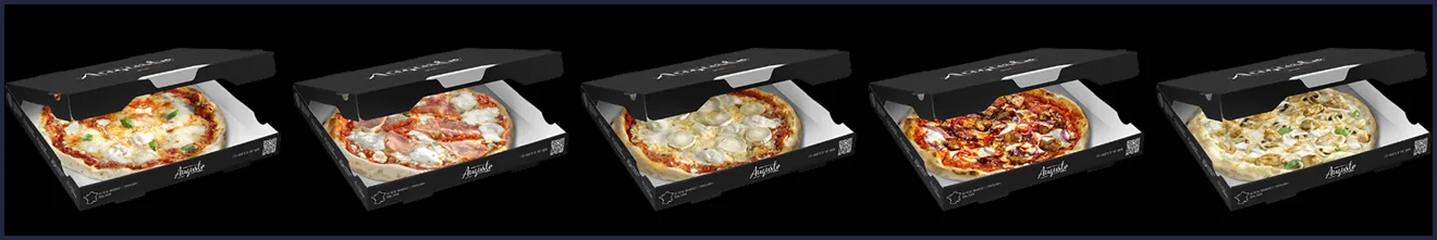 Cinco pizzas diferentes, alinhadas nas caixas abertas